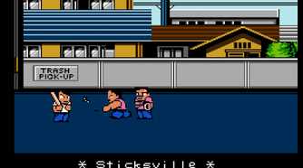 Screenshot of River City Ransom on the NES showing the protagonist and two enemy characters in Sticksville
