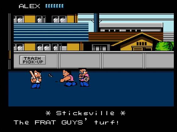 Screenshot of River City Ransom on the NES showing the protagonist and two enemy characters in Sticksville