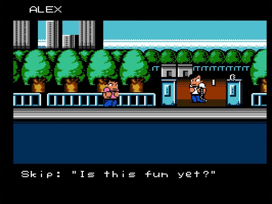 Screenshot of River City Ransom on the NES showing the main character and one enemy character