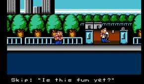 Screenshot of River City Ransom on the NES showing the main character and one enemy character