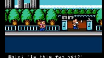 Screenshot of River City Ransom on the NES showing the main character and one enemy character