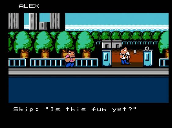 Screenshot of River City Ransom on the NES showing the main character and one enemy character
