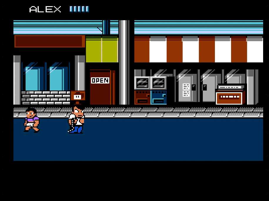 Screenshot of a shop area in River City Ransom on the NES