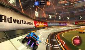 Screenshot from Rocket League video game of car driving in arena