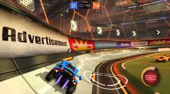 Screenshot from Rocket League video game of car driving in arena
