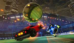 Screenshot from Rocket League video game of two cars jumping towards a large metal ball