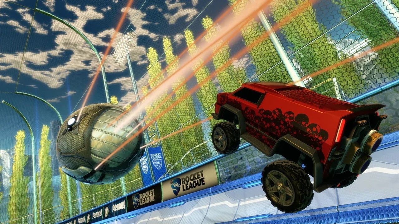 Screenshot from Rocket League video game of a car jumping towards a large metal ball