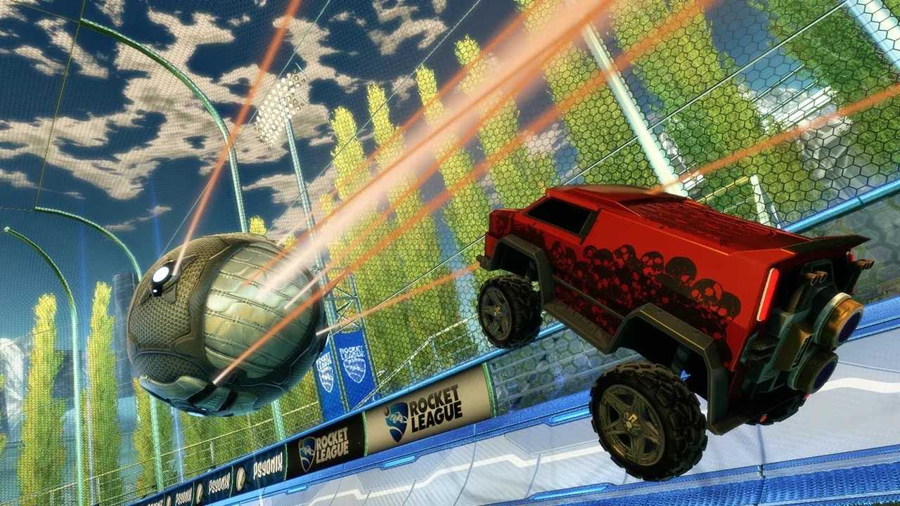 Screenshot from Rocket League video game of a car jumping towards a large metal ball