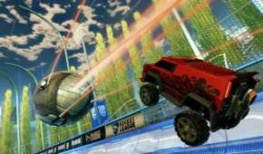 Screenshot from Rocket League video game of a car jumping towards a large metal ball