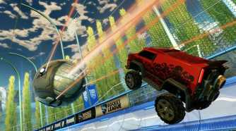 Screenshot from Rocket League video game of a car jumping towards a large metal ball