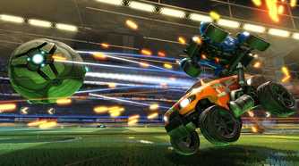 Screenshot from Rocket League video game of two cars propelling towards large metal ball