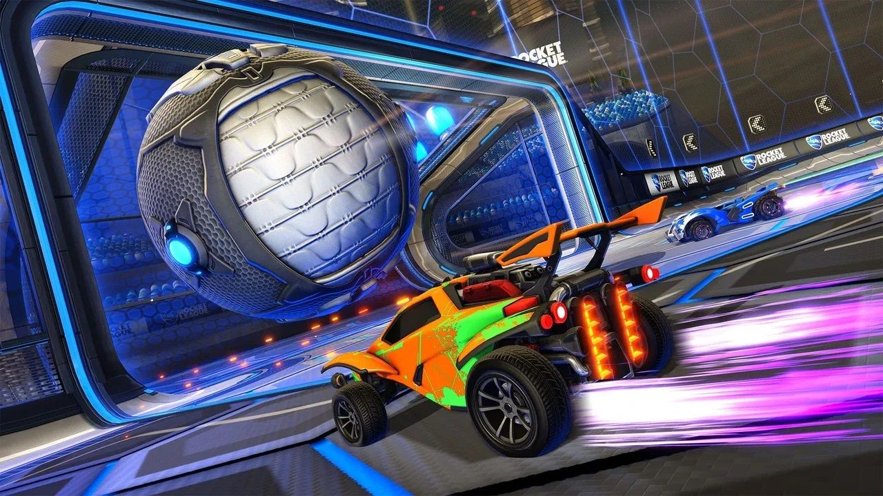 Screenshot from Rocket League video game of car driving to propel large metal ball into an open net