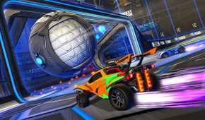 Screenshot from Rocket League video game of car driving to propel large metal ball into an open net