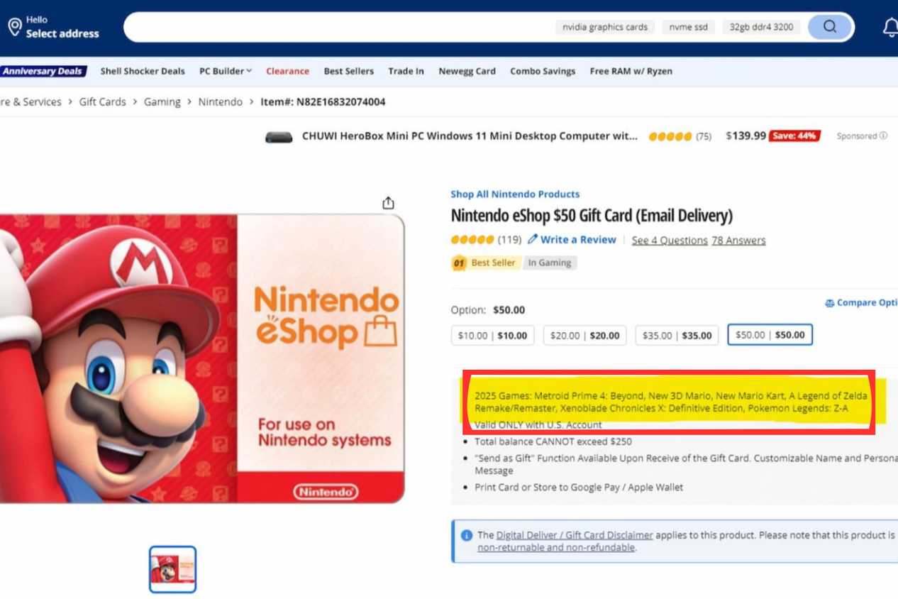 Newegg gift card store page featuring 3D mario game in description.