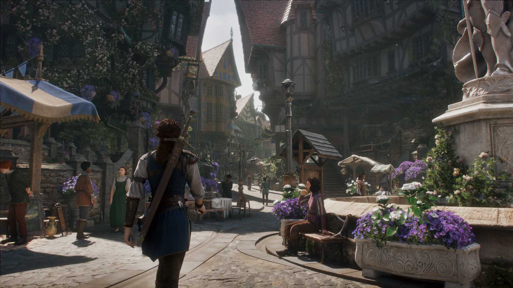 a man walking through the town square