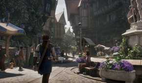 a man walking through the town square