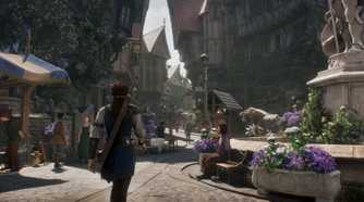 a man walking through the town square