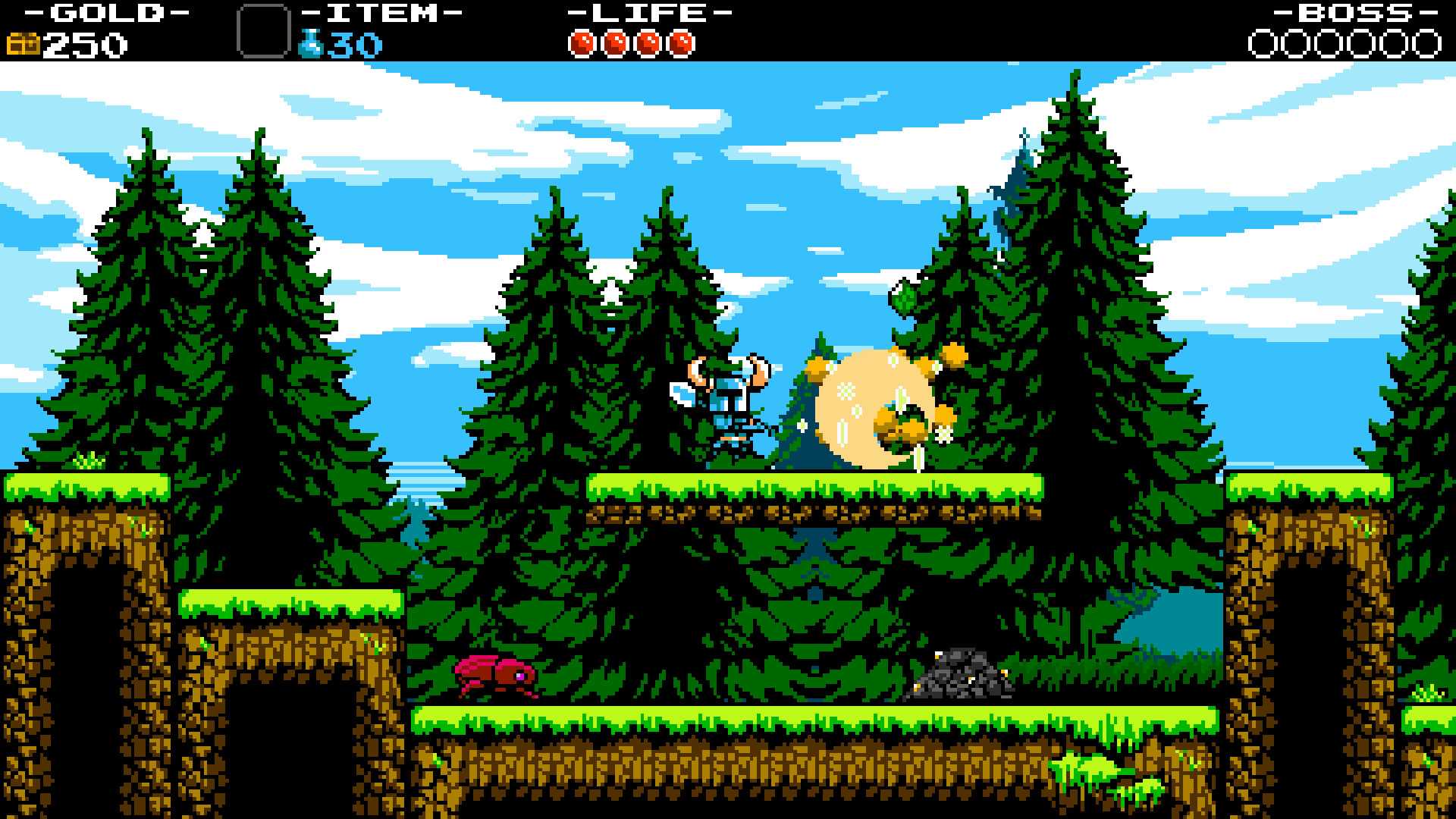 Screenshot from video game Shovel Knight in forest scene