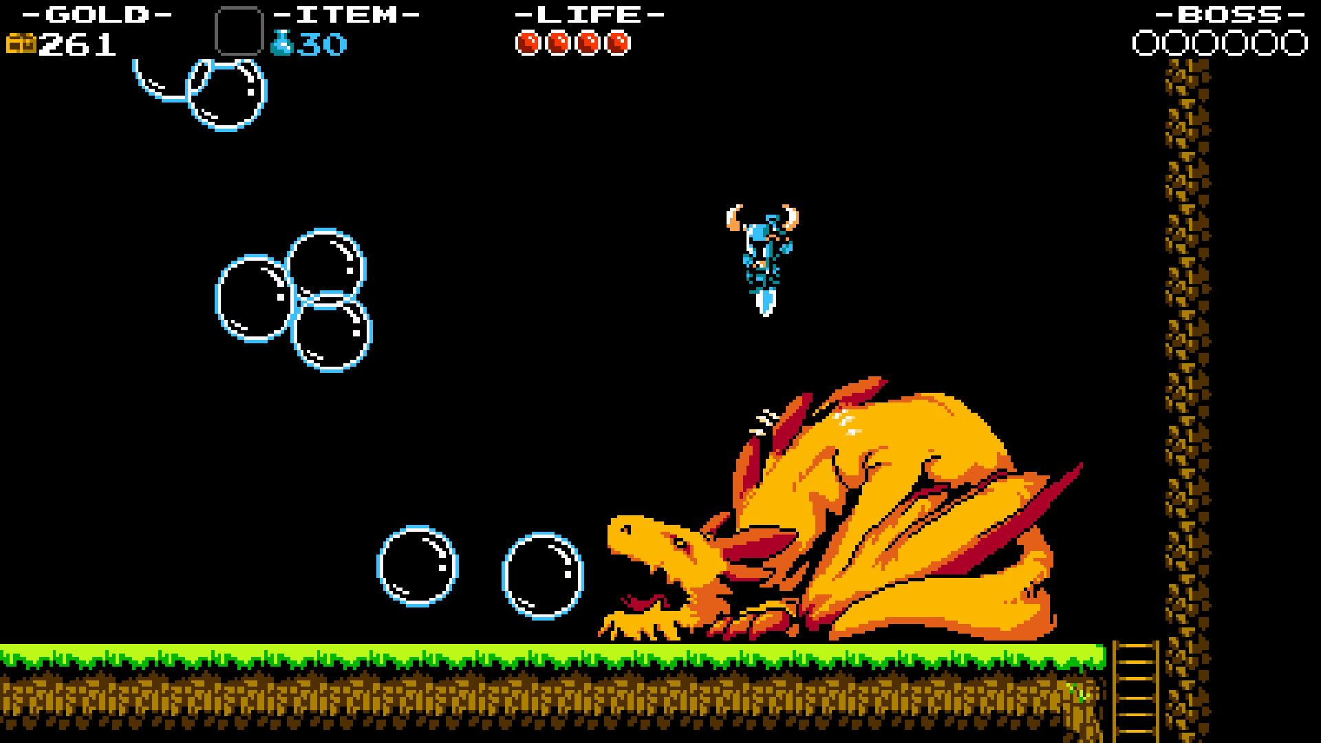 Screenshot from Shovel Knight video game with dragon blowing bubbles and player character falling on dragon