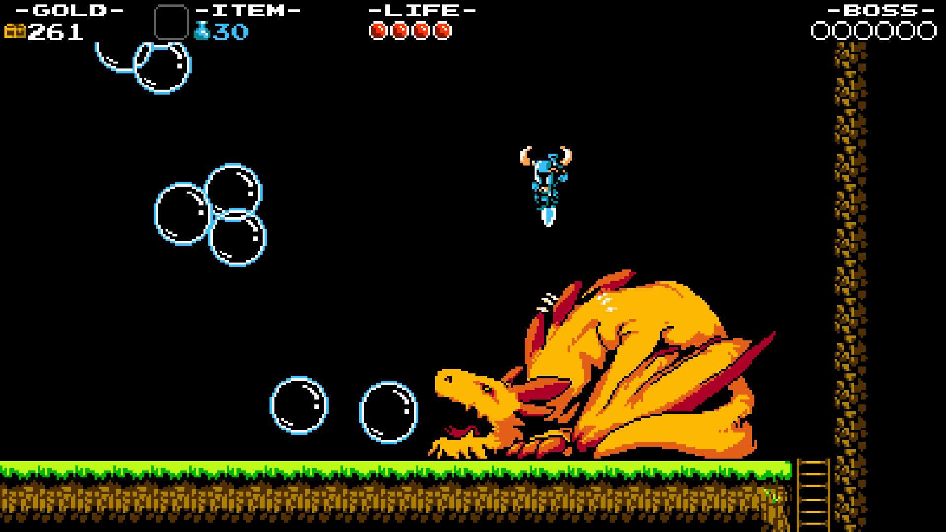Screenshot from Shovel Knight video game with dragon blowing bubbles and player character falling on dragon