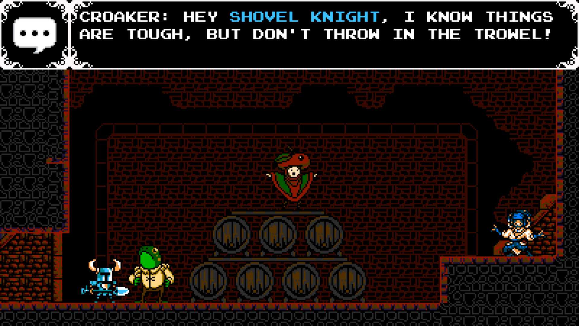 Screenshot from Shovel Knight video game with four characters conversing