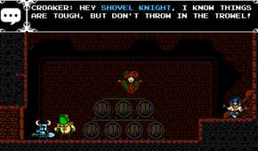 Screenshot from Shovel Knight video game with four characters conversing