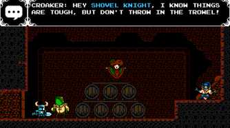 Screenshot from Shovel Knight video game with four characters conversing