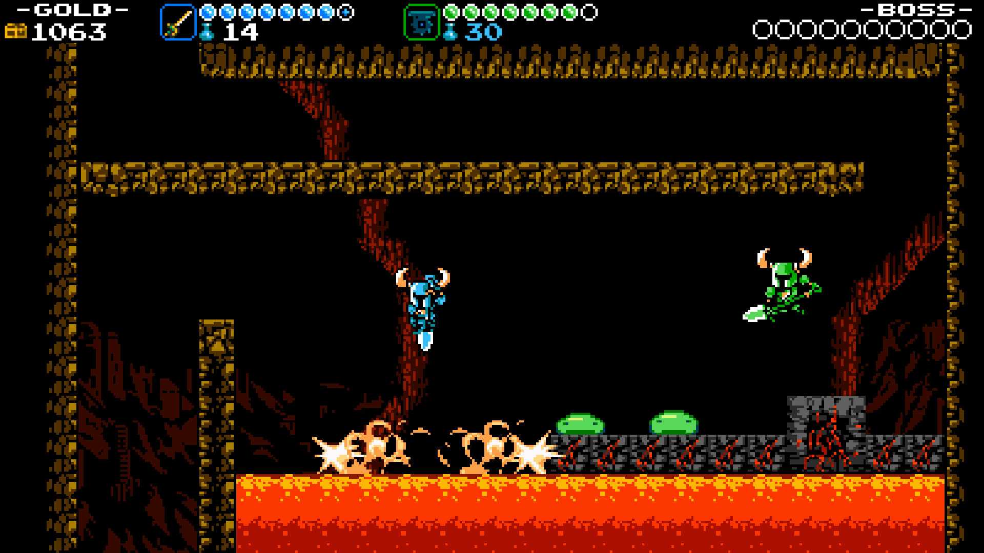 Screenshot from Shovel Knight video game of two-player co-op in lava scene
