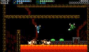 Screenshot from Shovel Knight video game of two-player co-op in lava scene