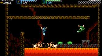 Screenshot from Shovel Knight video game of two-player co-op in lava scene