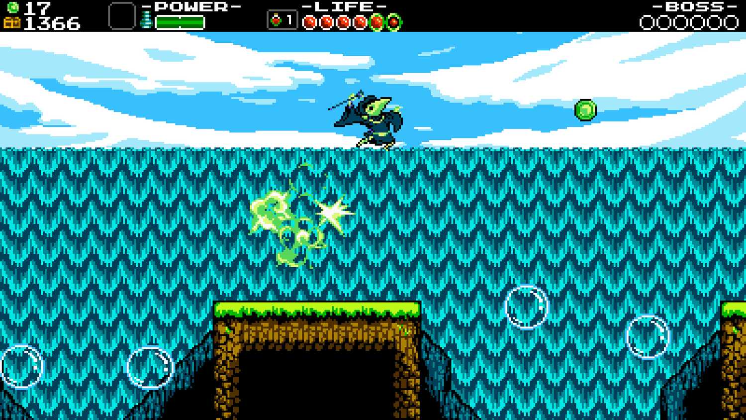 Screenshot from Shovel Knight video game of player character propelled by explosion