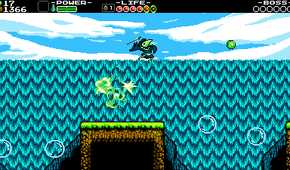 Screenshot from Shovel Knight video game of player character propelled by explosion