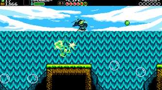 Screenshot from Shovel Knight video game of player character propelled by explosion