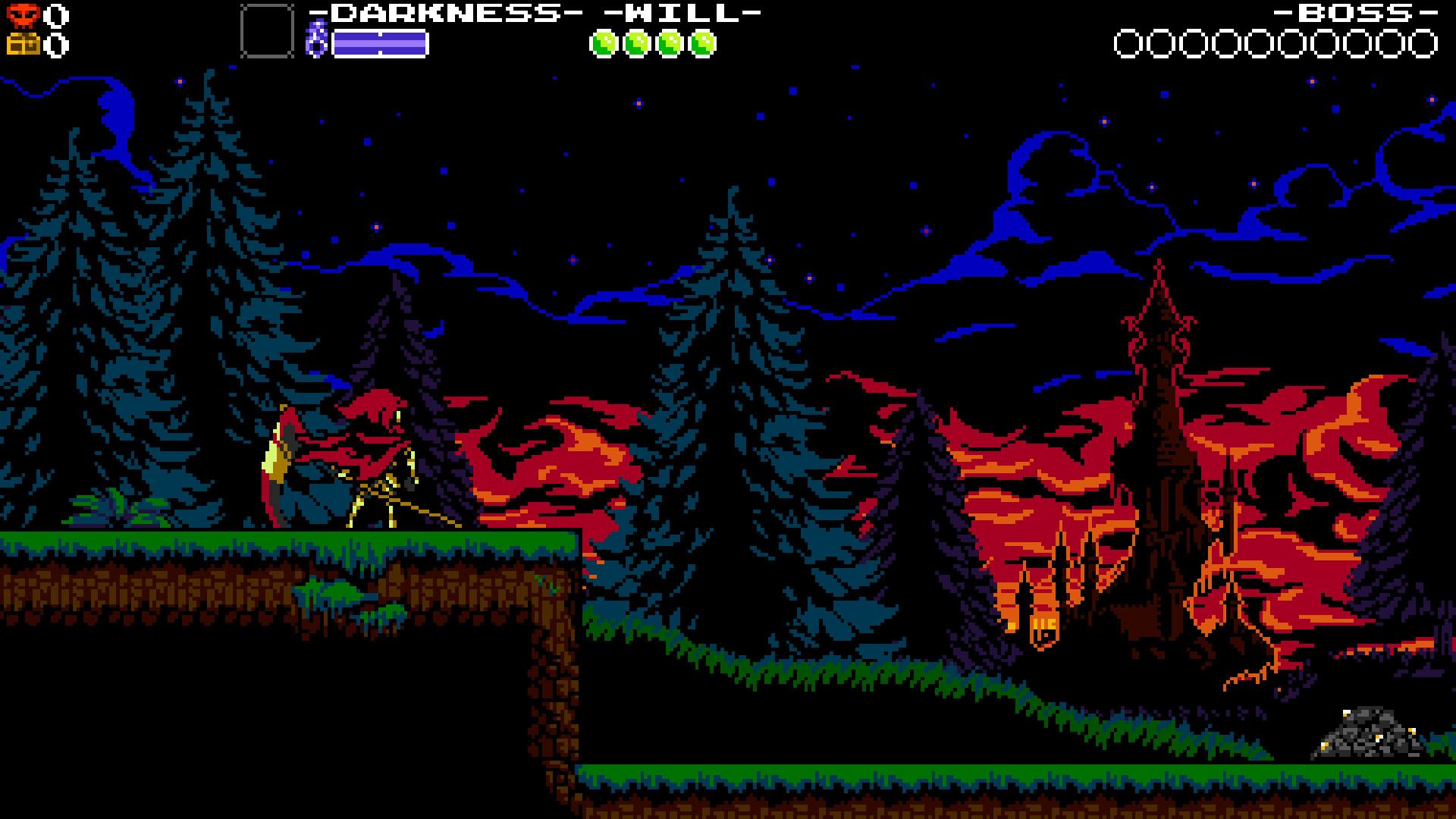 Screenshot from Shovel Knight video game with player character looking towards tall castle in the horizon