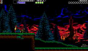 Screenshot from Shovel Knight video game with player character looking towards tall castle in the horizon