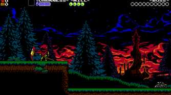 Screenshot from Shovel Knight video game with player character looking towards tall castle in the horizon