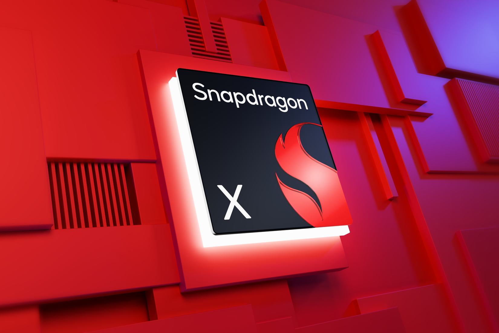 சிவப்பு பின்னணியில் Qualcomm Snapdragon X காட்சி