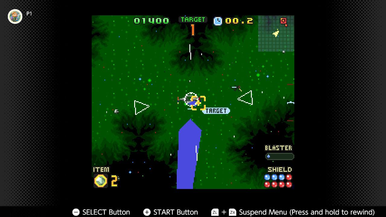 Screenshot of a first person dogfight in Star Fox 2 for the SNES captured on the Nintendo Switch Online app