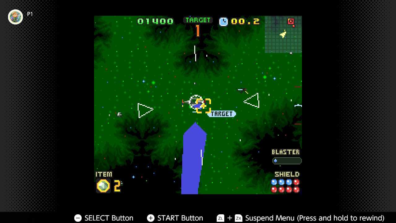 Screenshot of a first person dogfight in Star Fox 2 for the SNES captured on the Nintendo Switch Online app