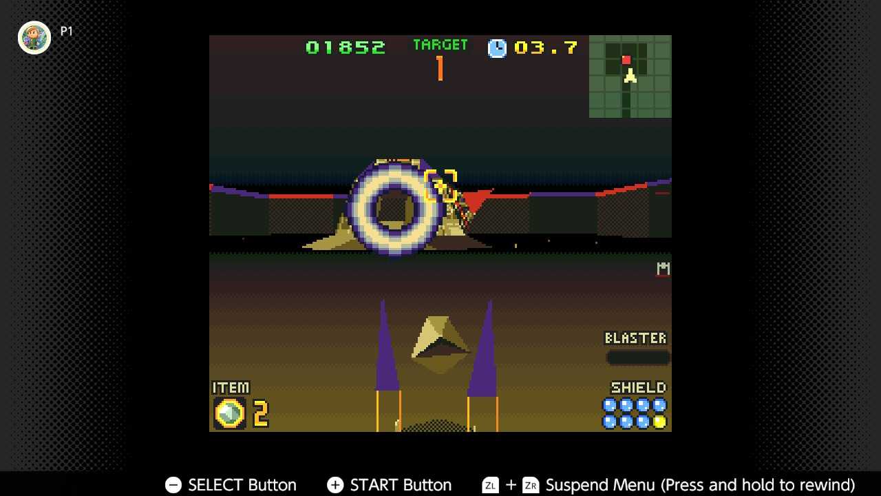 Screenshot of a third person fight using the walker in Star Fox 2 for the SNES captured on the Nintendo Switch Online app