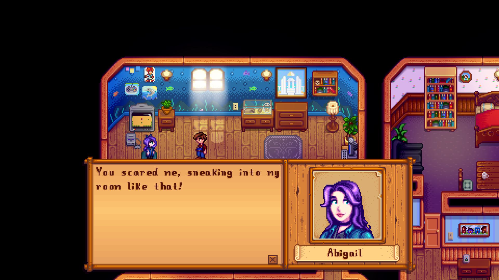 Screenshot from Stardew Valley video game with a woman called Abigail speaking to the player character.