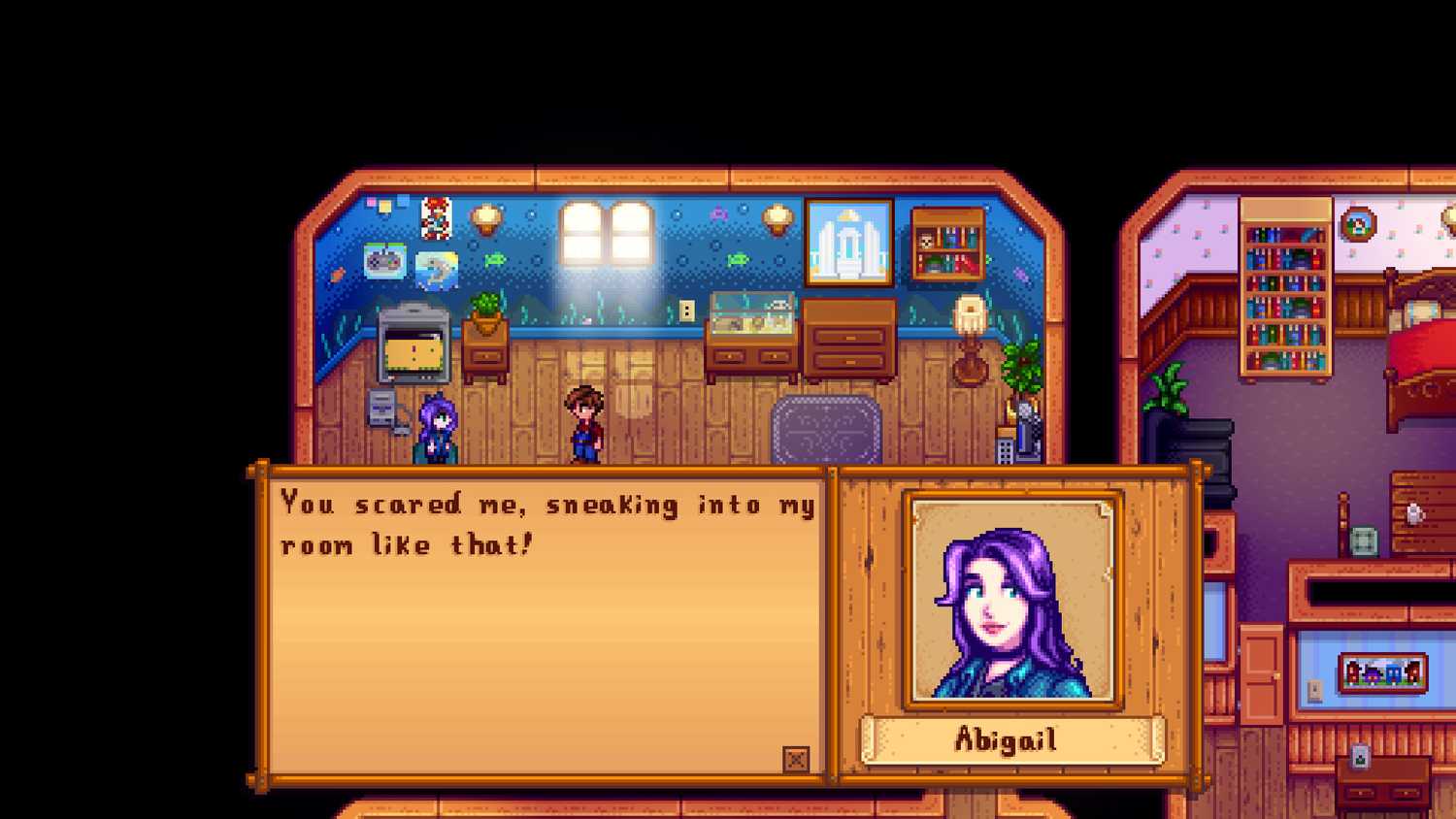 Screenshot from Stardew Valley video game with a woman called Abigail speaking to the player character.