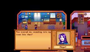 Screenshot from Stardew Valley video game with a woman called Abigail speaking to the player character.