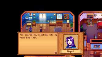 Screenshot from Stardew Valley video game with a woman called Abigail speaking to the player character.