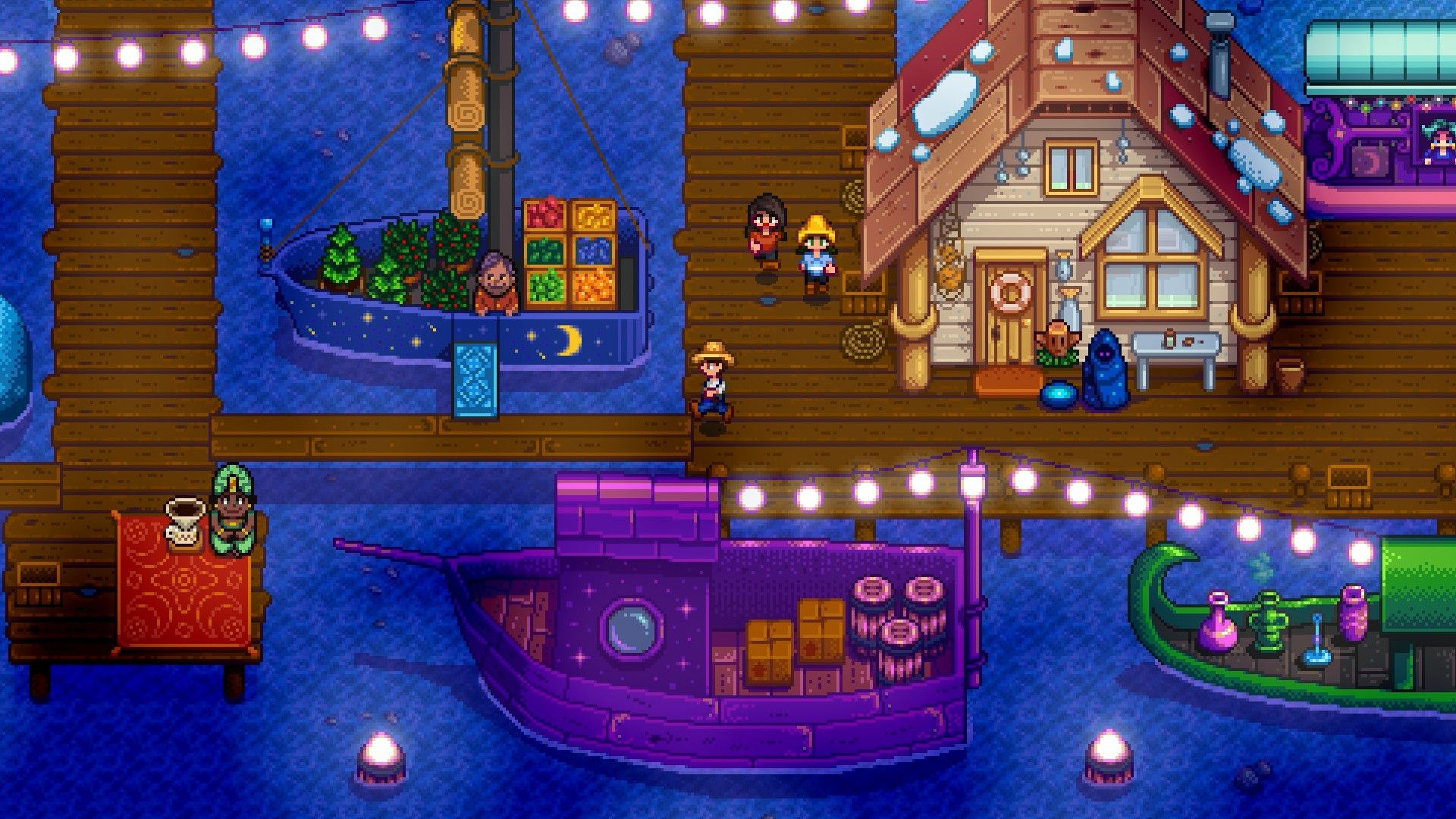 Screenshot from Stardew Valley video game of bright coloured boats at a dock at night.