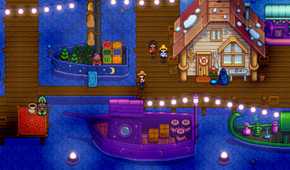 Screenshot from Stardew Valley video game of bright coloured boats at a dock at night.