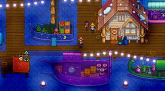 Screenshot from Stardew Valley video game of bright coloured boats at a dock at night.