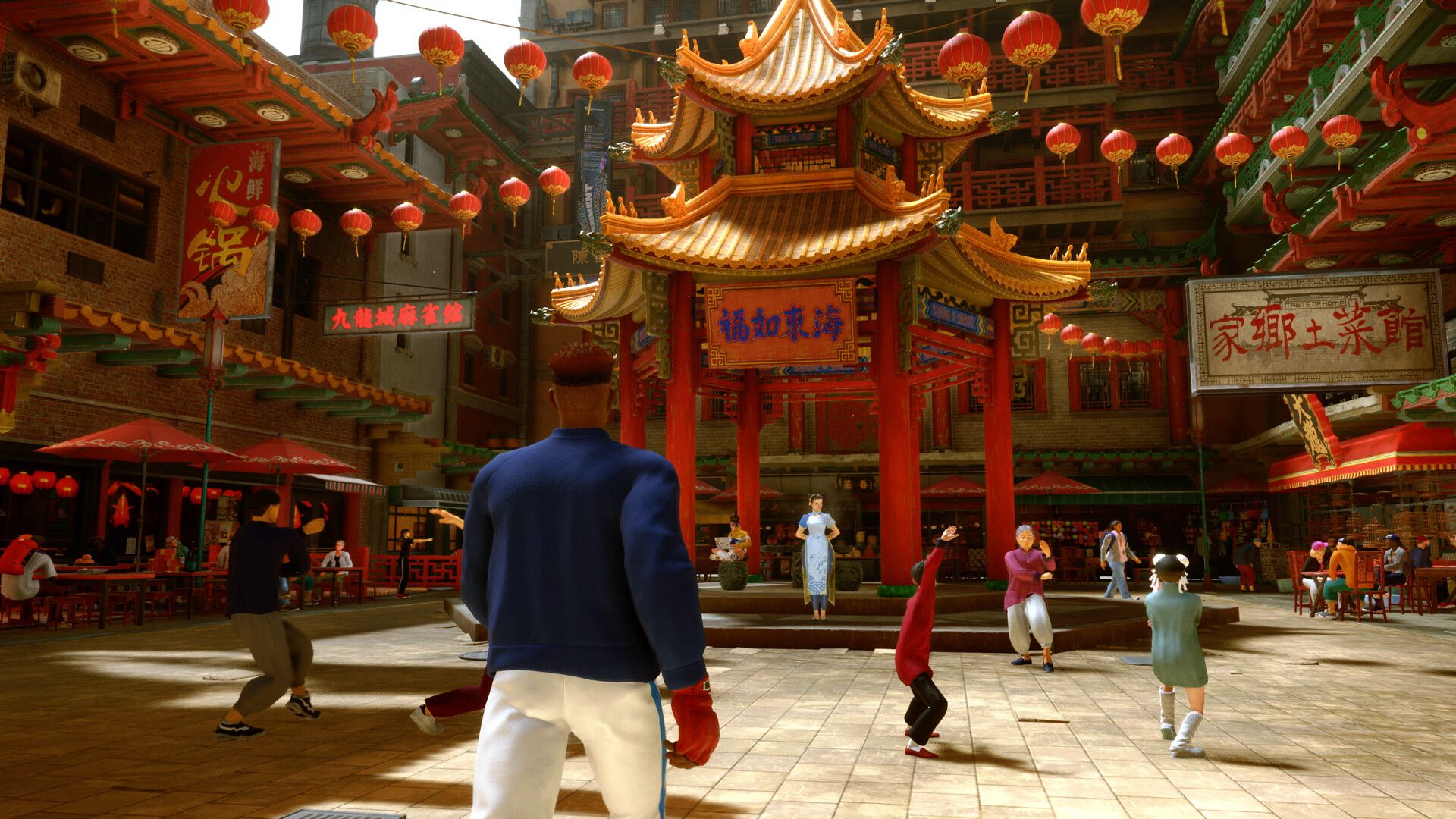 Screenshot from Street Fighter 6 video game of man walking in Asian city center