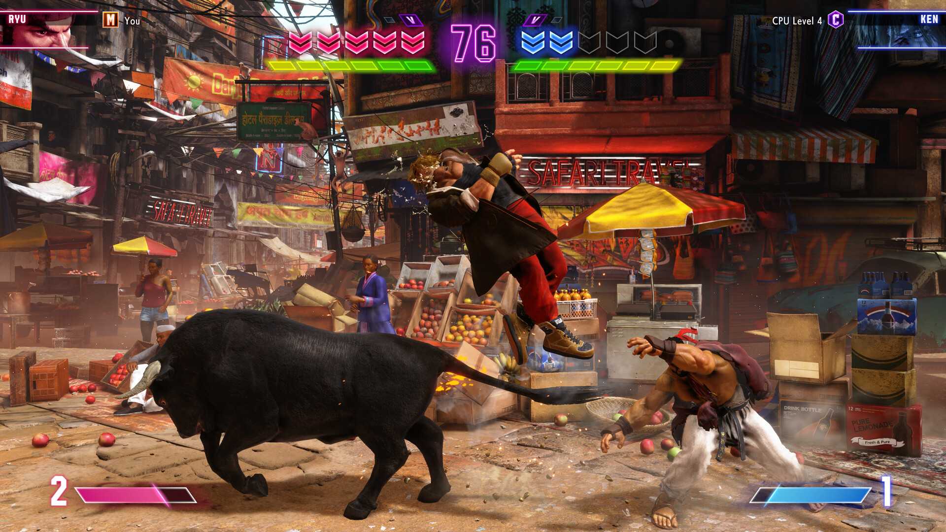 Screenshot from Street Fighter 6 video game of bull dashing through busy marketplace while two men fight