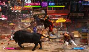 Screenshot from Street Fighter 6 video game of bull dashing through busy marketplace while two men fight